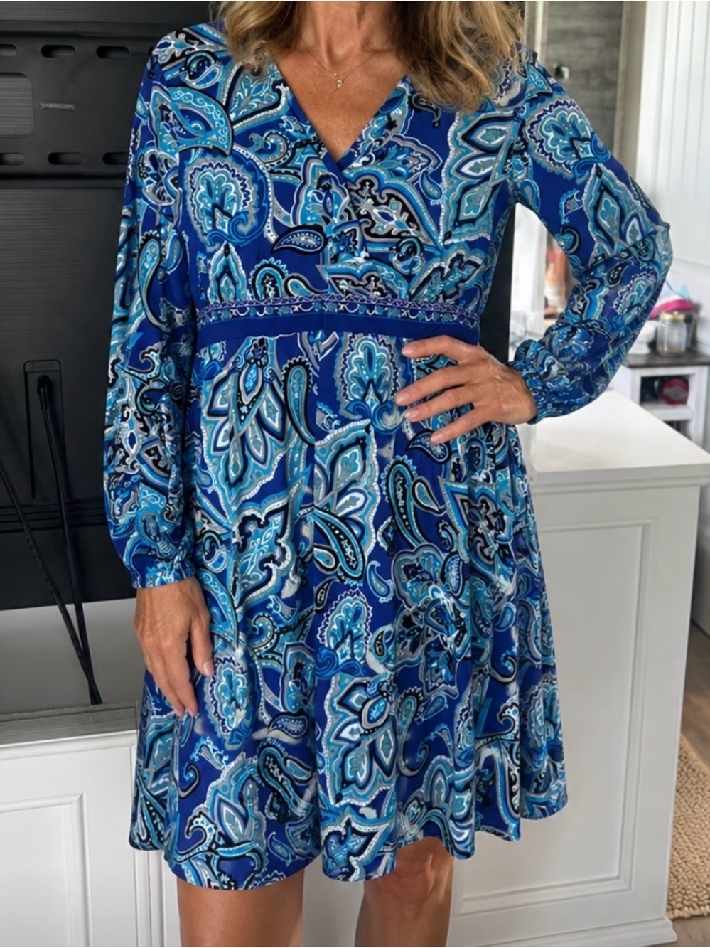 INC International Concepts Blue Paisley V-Neck Long Sleeve Dress